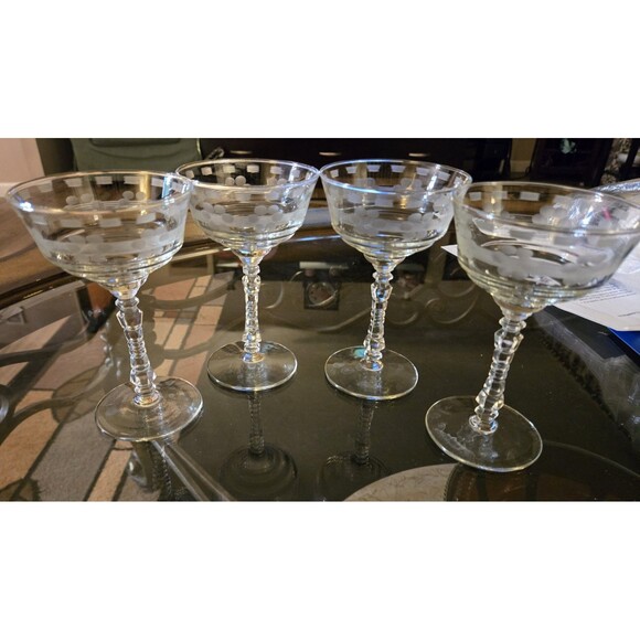 Vintage Libbey Rock Sharpe Flower & Lines Cut Champagne Goblet Set Of 4 - Picture 1 of 7